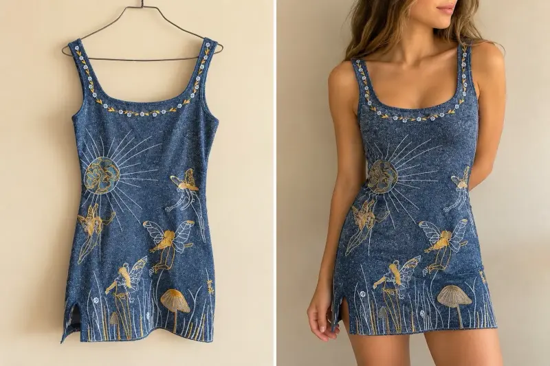 Vestido corto azul con bordado de hadas