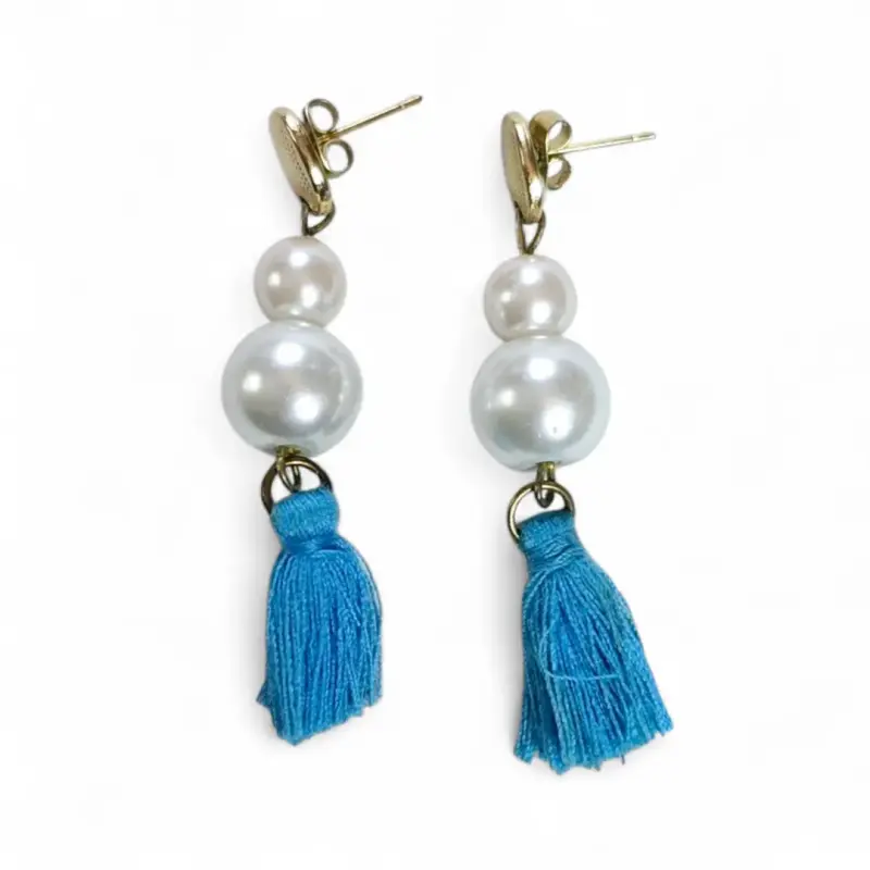 Aros Colgantes con Perlas y Borlas Turquesa - 2