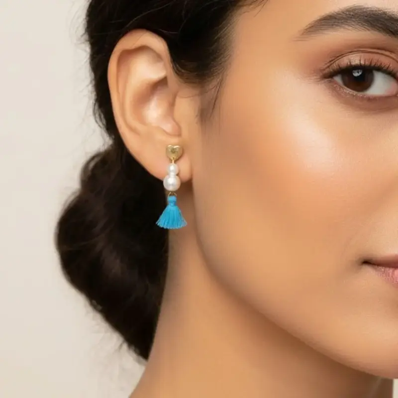 Aros Colgantes con Perlas y Borlas Turquesa - 3