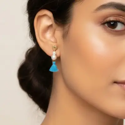 Aros Colgantes con Perlas y Borlas Turquesa - miniatura 3