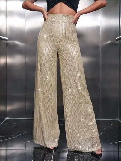 Pantalones palazzo dorados con lentejuelas - miniatura 1