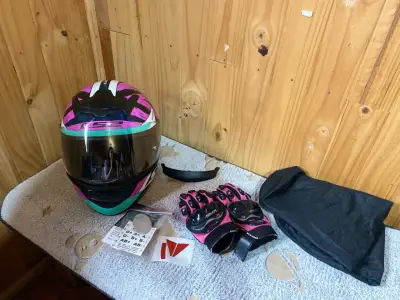 Casco de moto LS2 rosa y guantes Pro-Biker - miniatura 1