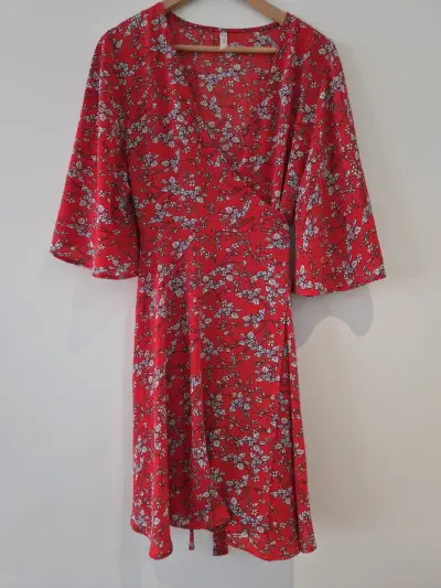 Vestido rojo floral manga corta Stella - miniatura 1