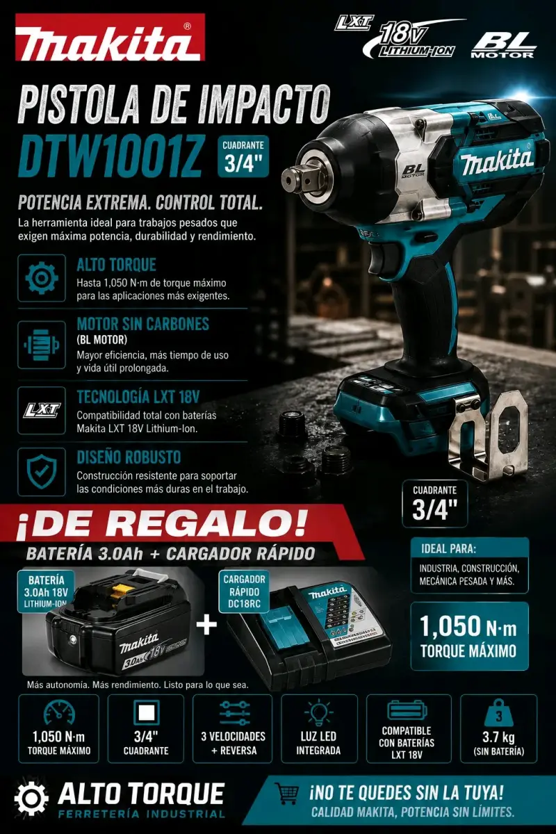 Pistola de Impacto Makita DTW1001Z 18V