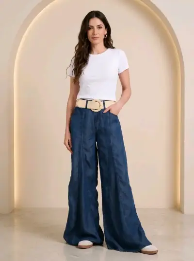 Pantalones anchos de mezclilla azul para mujer - miniatura 1