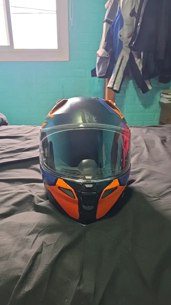 Casco de moto integral azul y naranja con mica ext - 1