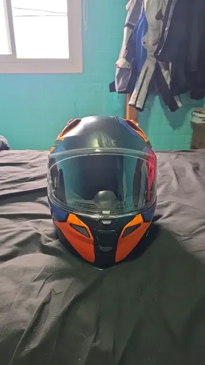Casco de moto integral azul y naranja con mica ext - miniatura 1