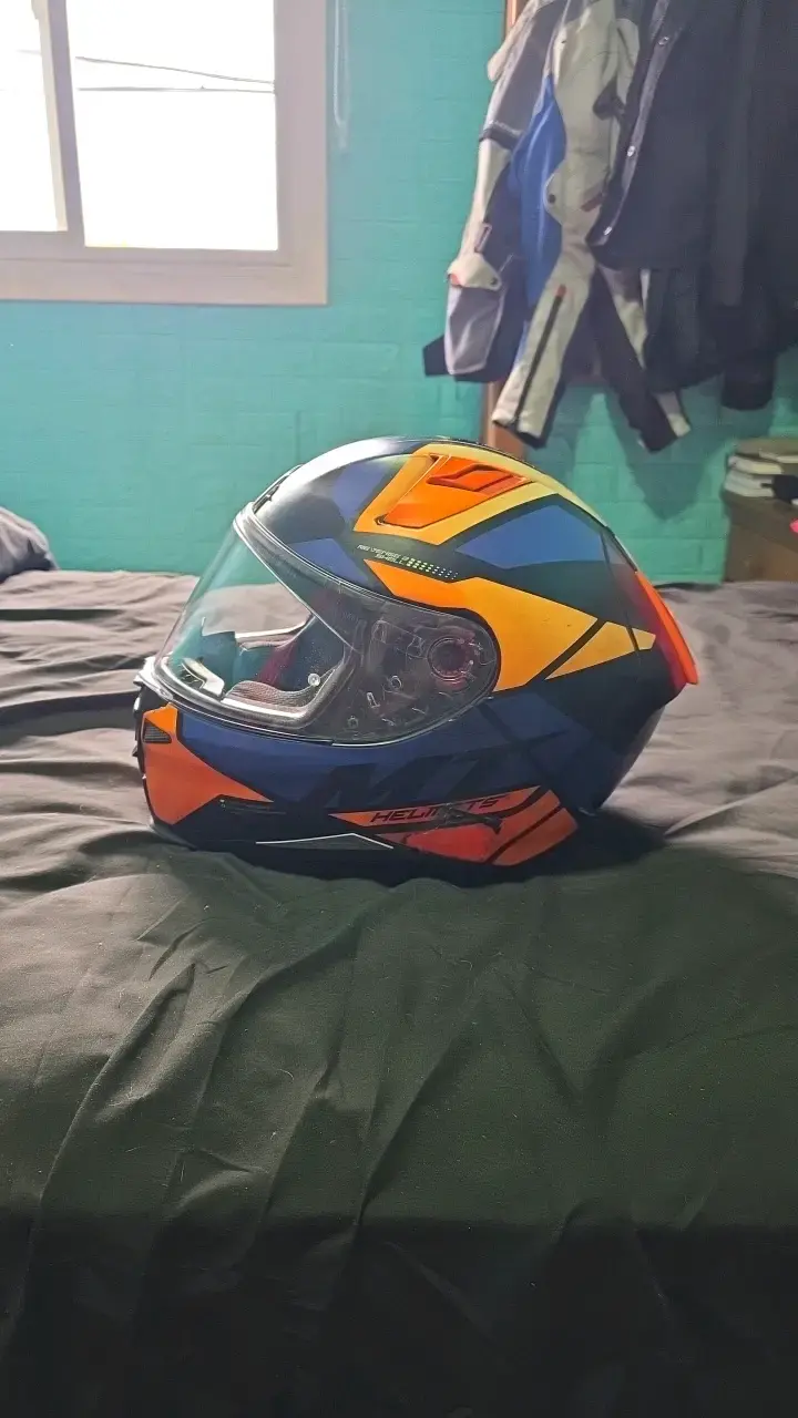 Casco de moto integral azul y naranja con mica ext - 2