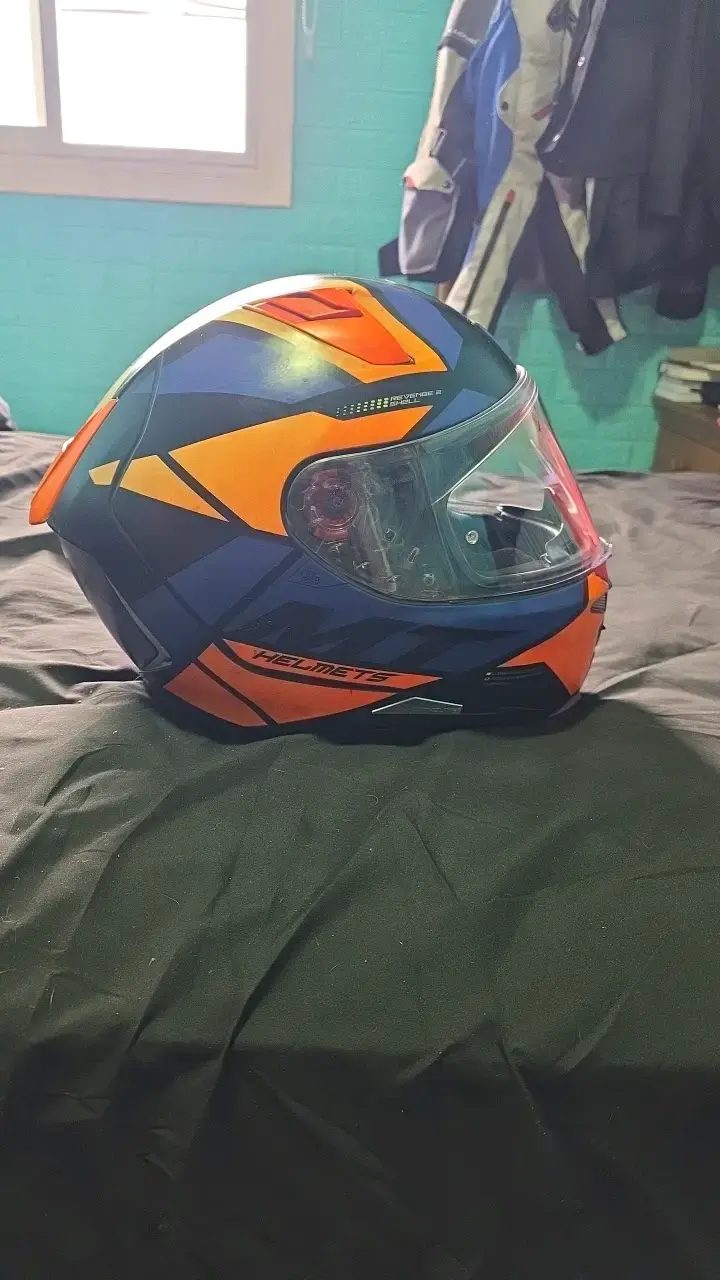 Casco de moto integral azul y naranja con mica ext - 3
