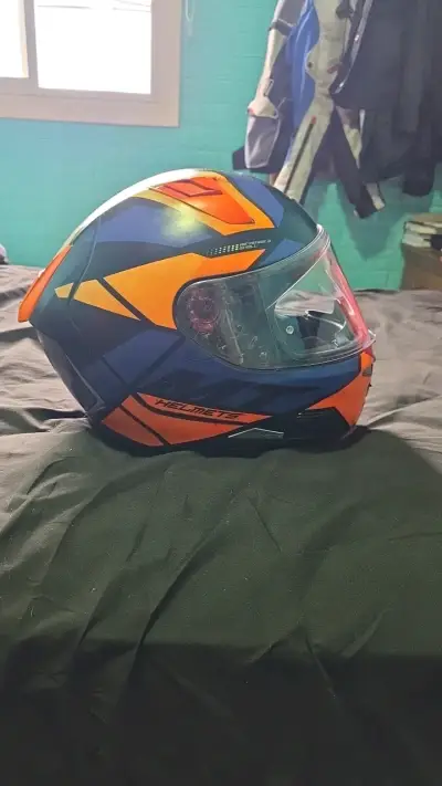 Casco de moto integral azul y naranja con mica ext - miniatura 3