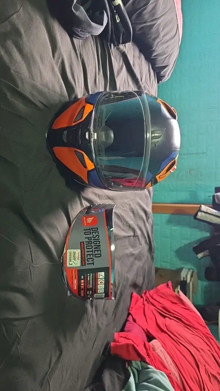 Casco de moto integral azul y naranja con mica ext - 5