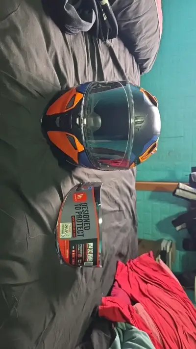 Casco de moto integral azul y naranja con mica ext - miniatura 5