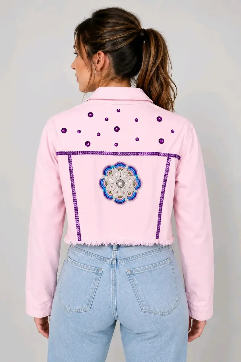 Chaqueta corta rosa con detalles de pedrería - 2