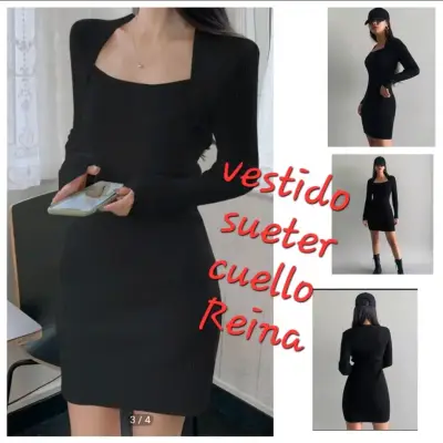 Vestido mini negro elástico para mujer - miniatura 2