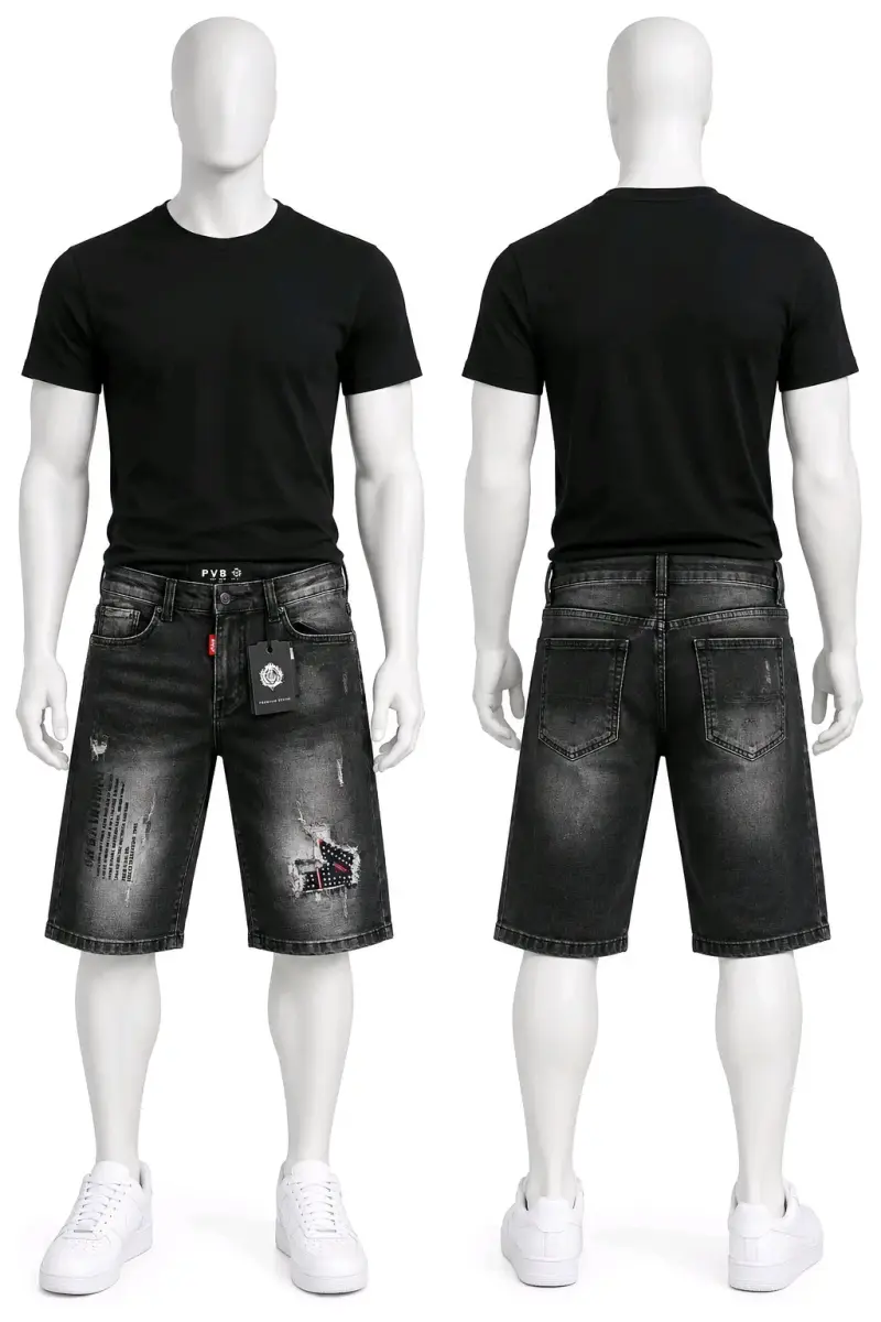 Bermudas de mezclilla gris con diseño desgastado - 2