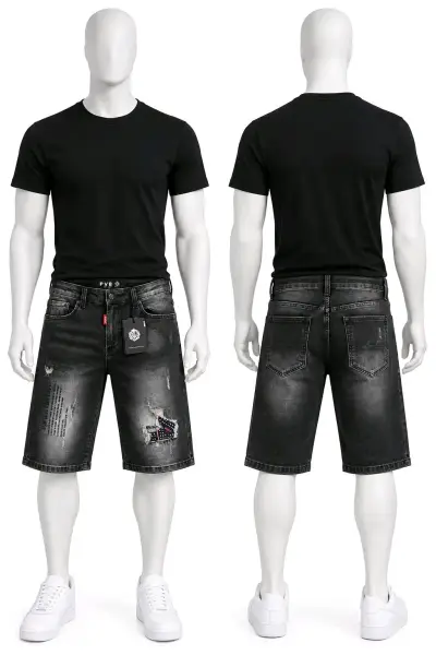 Bermudas de mezclilla gris con diseño desgastado - miniatura 2