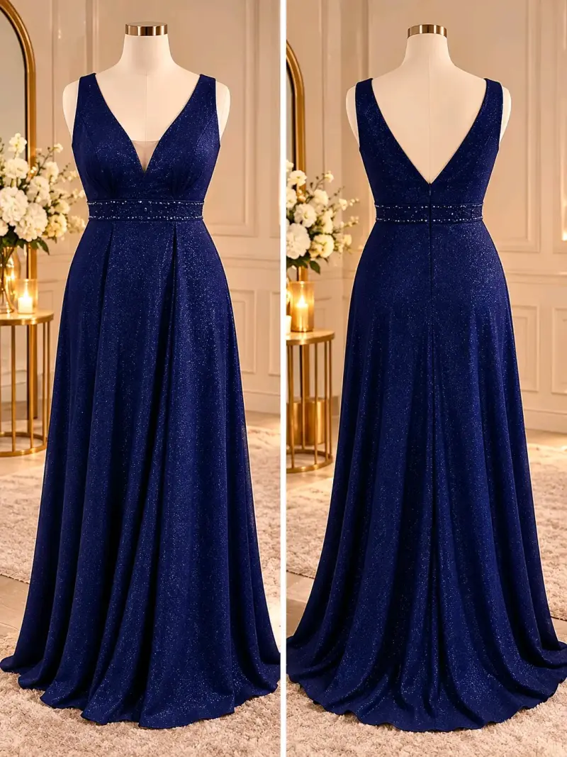 Vestido de noche azul con brillo y escote en V