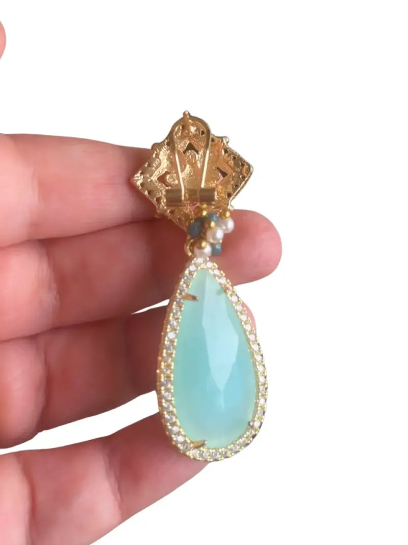 Pendientes de gota azul con detalles dorados - 2