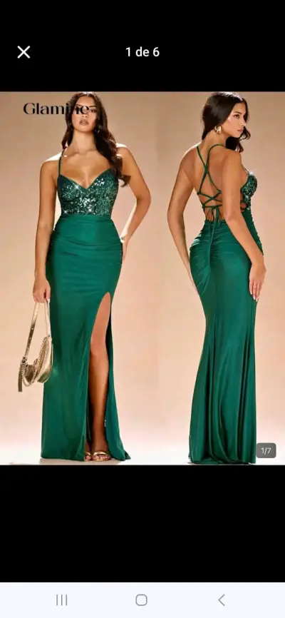 Vestido largo verde con lentejuelas y abertura - miniatura 1