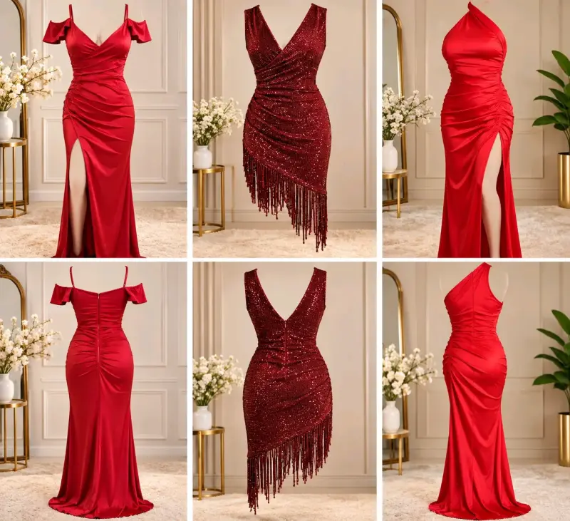 Vestido largo rojo con abertura y vestido corto con lentejuelas