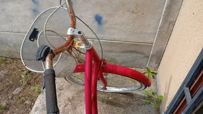 Bicicleta urbana roja con canasto.. de paseo - miniatura 3
