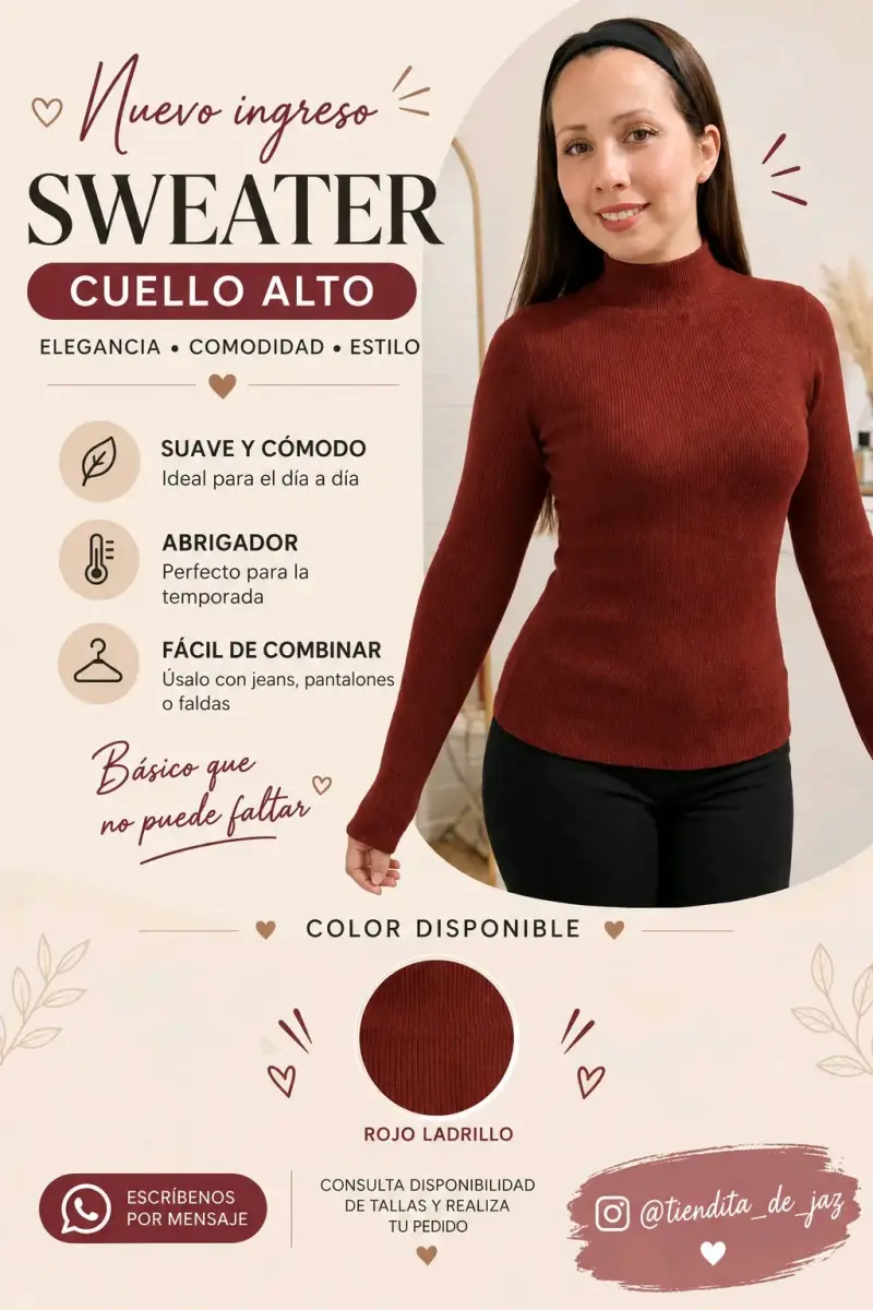 Sweater cuello alto rojo ladrillo elegante y cómodo