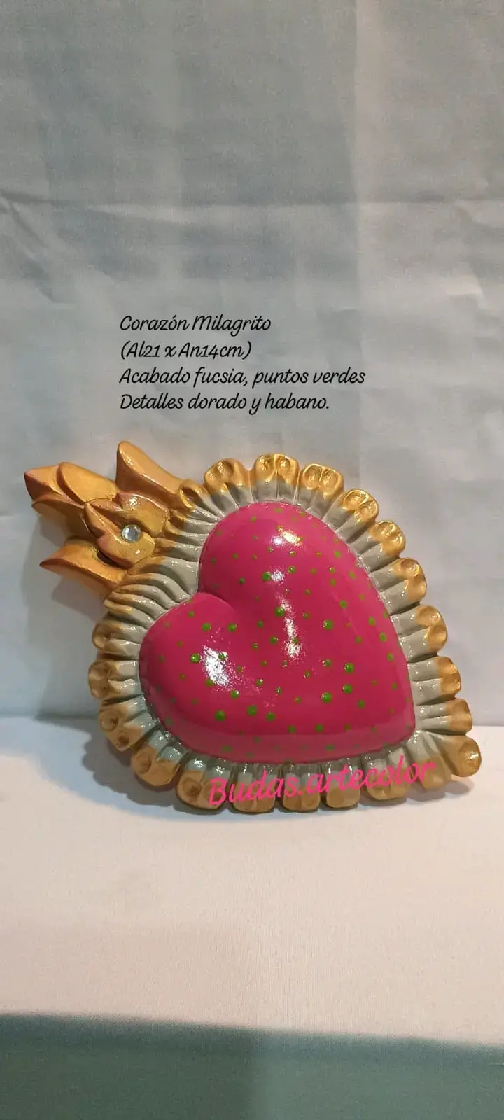 Corazón Milagrito decorativo fucsia y dorado - 2