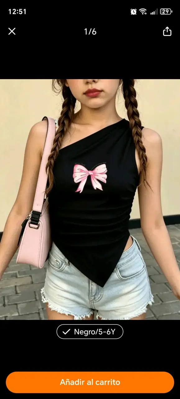 Top asimétrico negro con lazo rosa para niña - 1