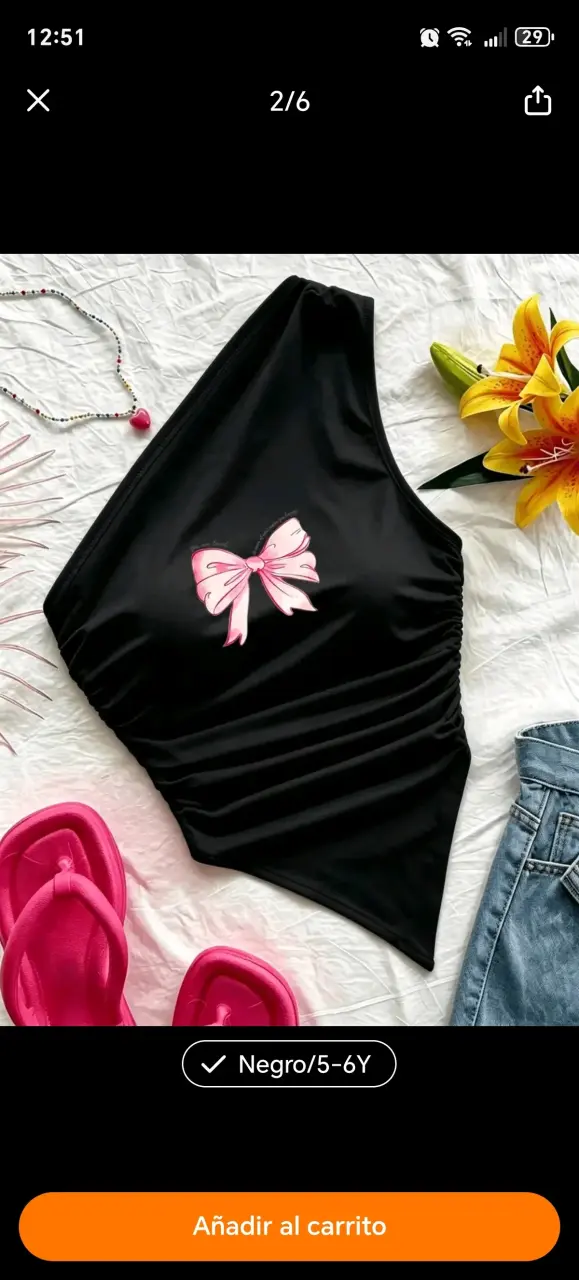 Top asimétrico negro con lazo rosa para niña - 2