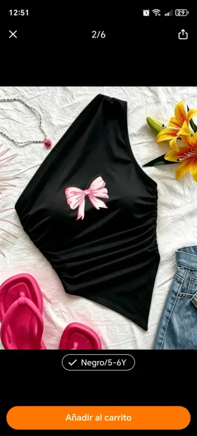 Top asimétrico negro con lazo rosa para niña - miniatura 2