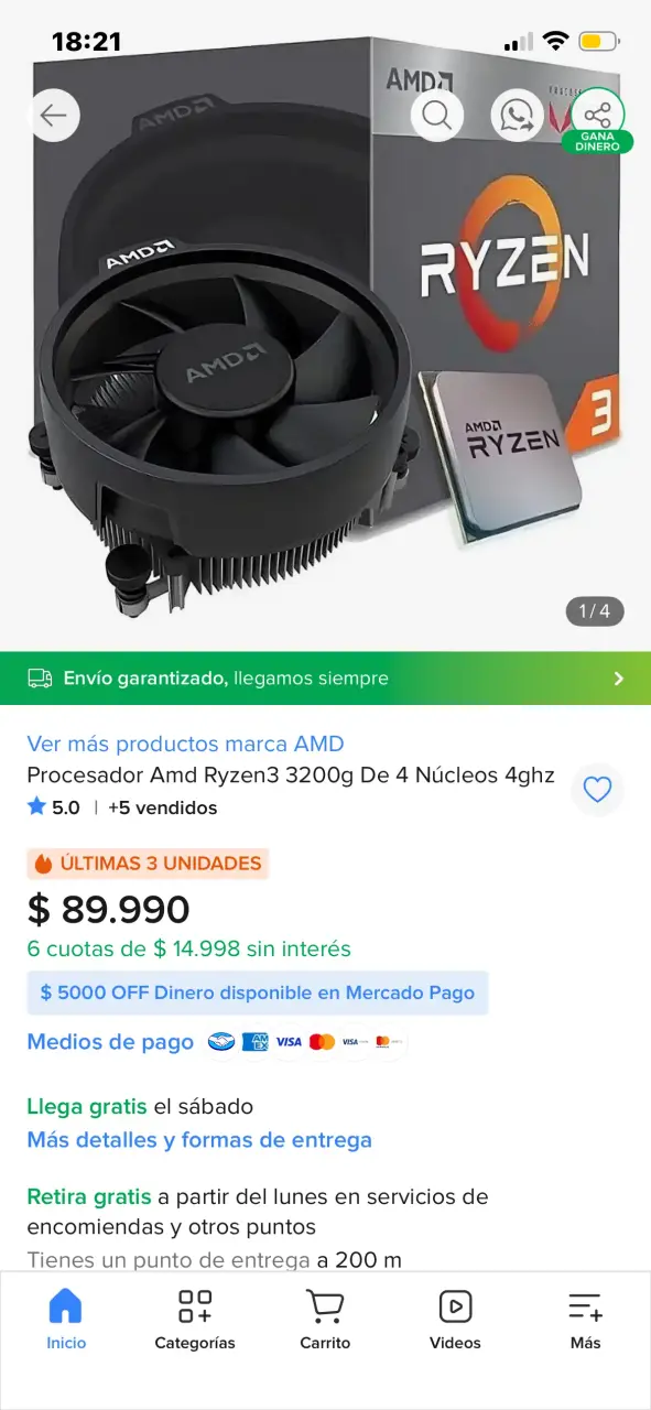 AMD Ryzen 3 3200G + Cooler AMD Original + Caja | F - 5