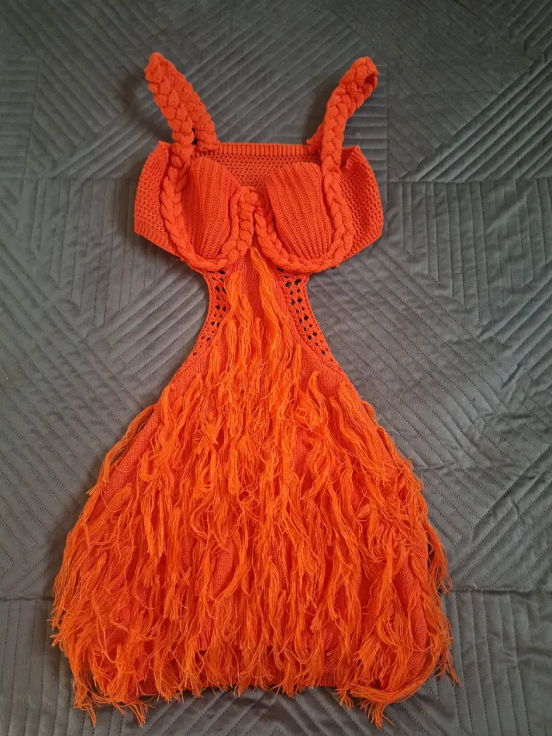 Vestido de punto naranja con flecos - 1