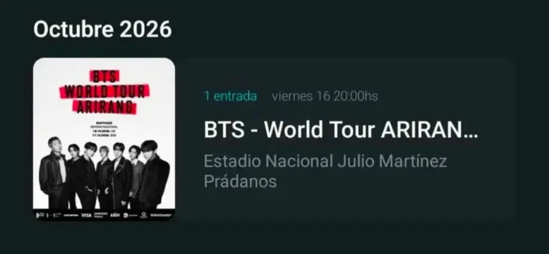 Entrada BTS World Tour Arirang Octubre 2026