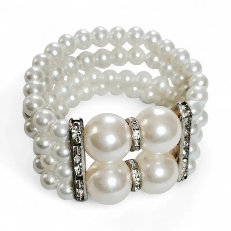 Pulsera Ancha de Perlas Multicapa con Strass - 1