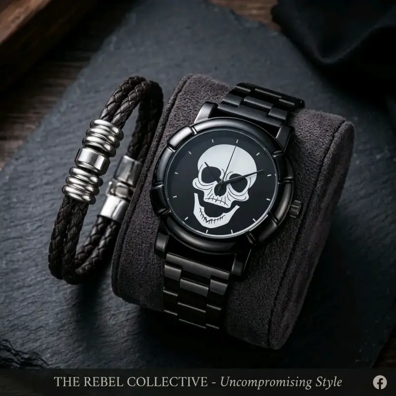 Reloj de Pulsera Negro con Calavera y Pulsera de Cuero