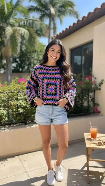 Suéter de crochet multicolor para mujer - miniatura 1