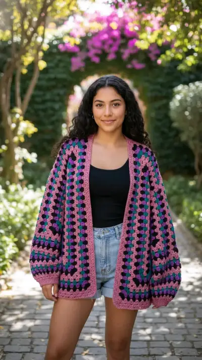 Cardigan tejido a crochet multicolor - miniatura 1