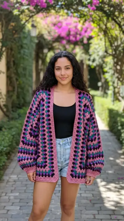 Cardigan tejido a crochet multicolor - miniatura 2