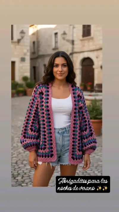 Cardigan tejido a crochet multicolor - miniatura 3