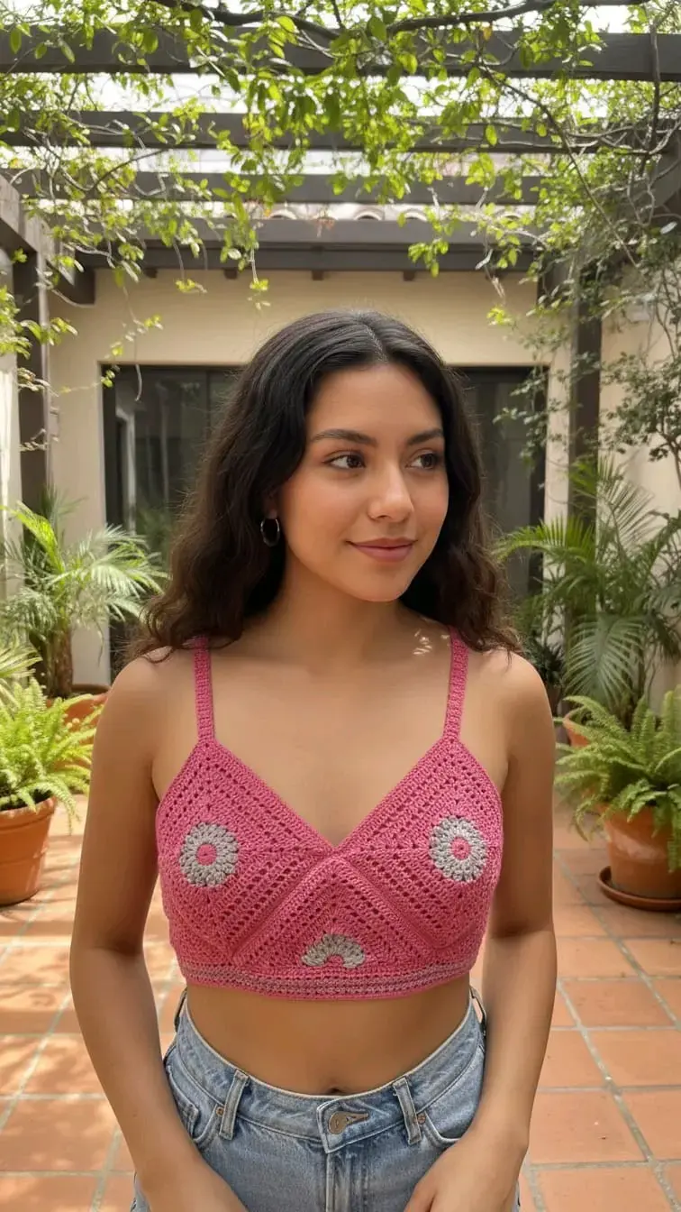 Top de crochet rosa con diseño floral - 2