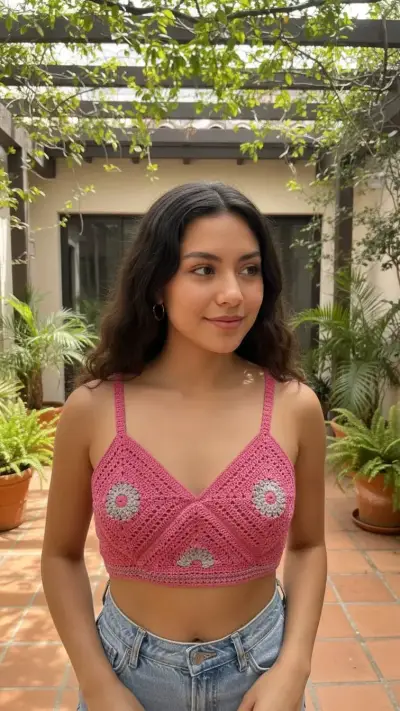 Top de crochet rosa con diseño floral - miniatura 2