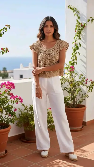 Blusa de crochet beige para mujer - miniatura 3