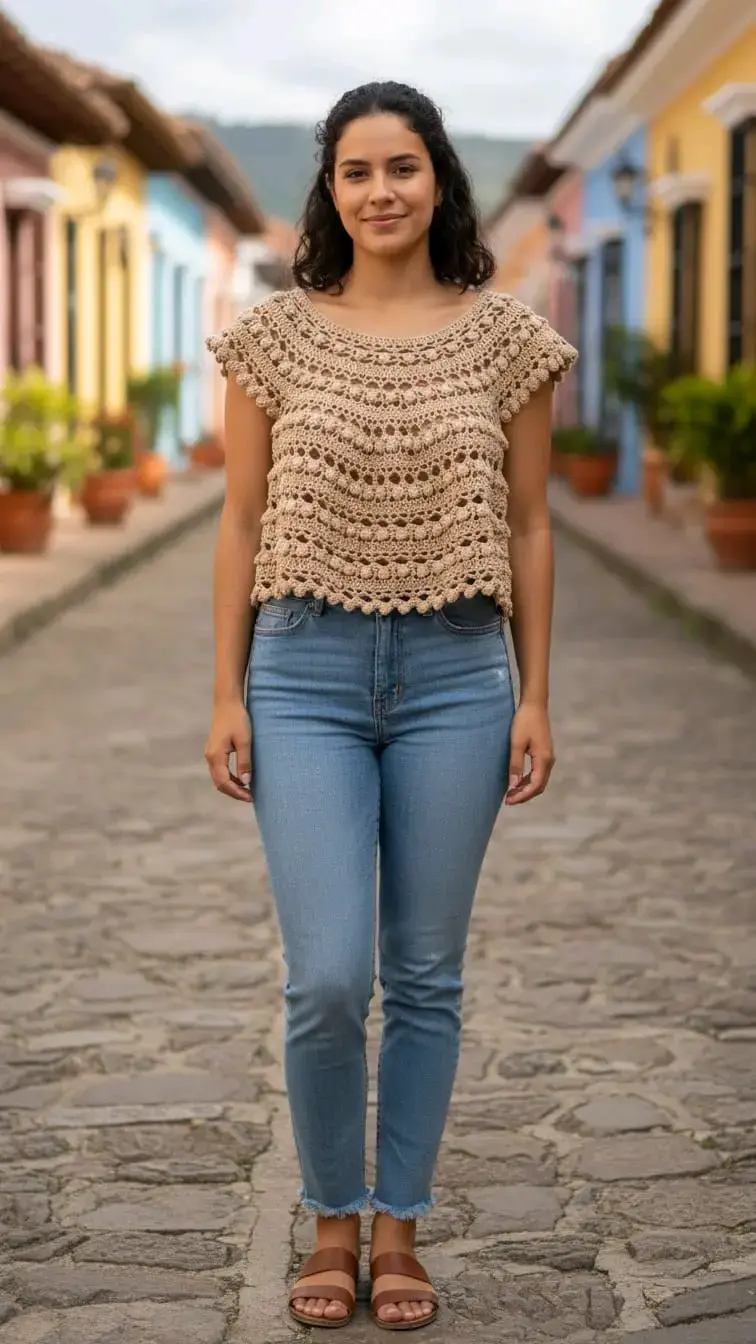 Blusa de crochet beige para mujer - 4