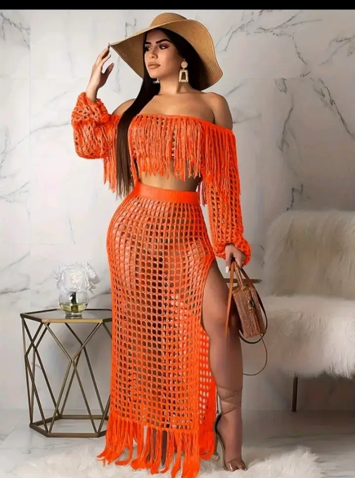 Conjunto de playa tejido naranja para mujer