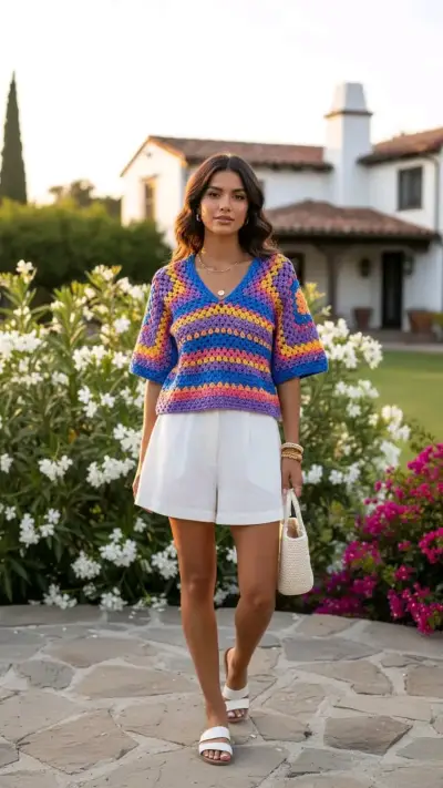 Blusa tejido a crochet multicolor - miniatura 1
