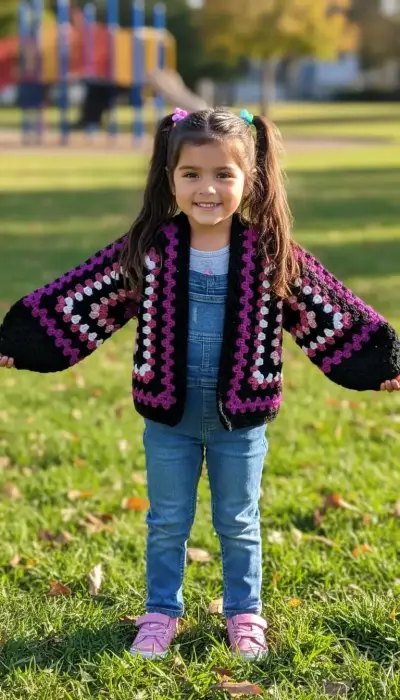 Chaleco tejido a crochet para niña colorido - miniatura 3