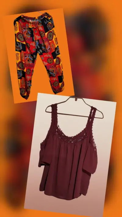 Conjunto de blusa burdeos y pantalón estampado. - miniatura 1