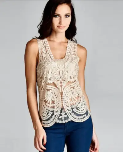 Blusa sin mangas de encaje beige para mujer - miniatura 1