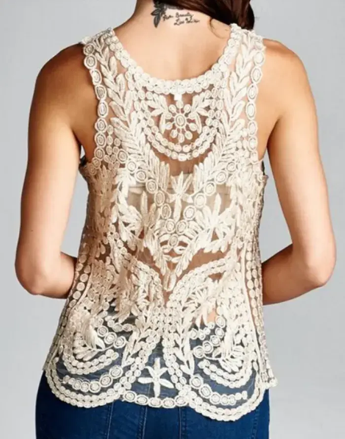 Blusa sin mangas de encaje beige para mujer - 2
