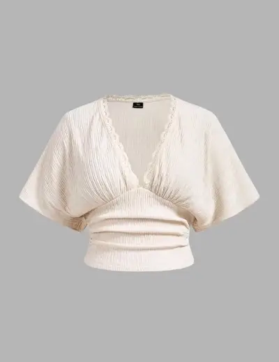 Blusa de encaje beige con escote en V - miniatura 2